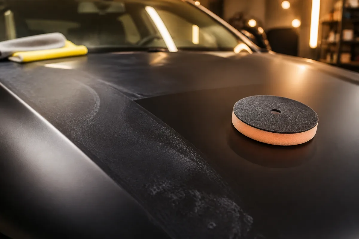 Disque de polissage en mousse posé sur un capot noir mat en cours de correction