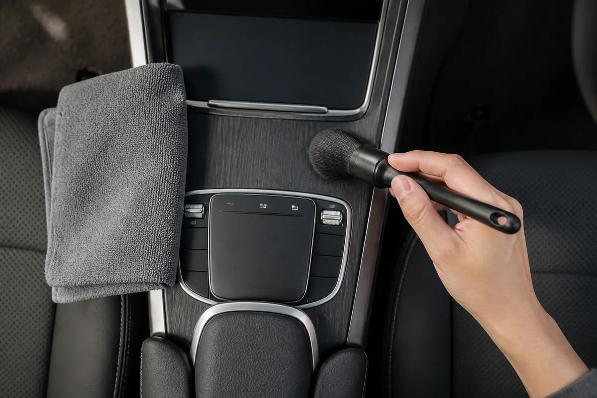 Nettoyage d’une console centrale de voiture à la brosse douce et à la microfibre