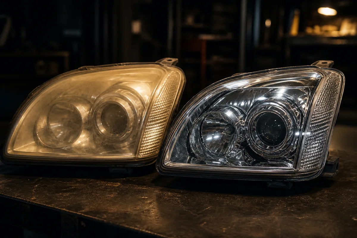 Comparaison entre une optique de phare jaunie et une optique remise en état