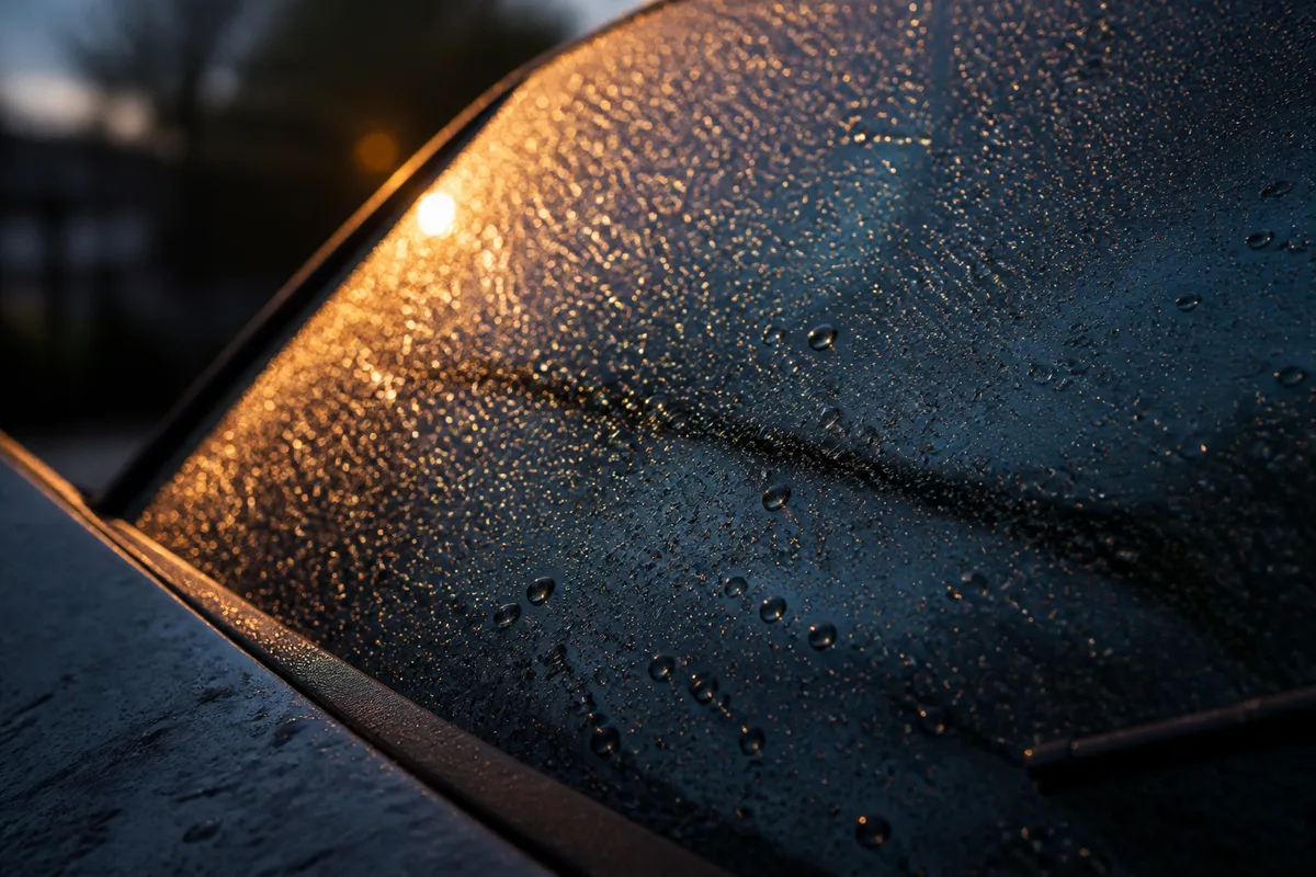 Perlage de l&rsquo;eau de pluie sur un pare-brise traité au revêtement céramique